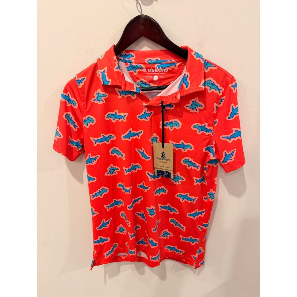 Chubbies Youth Performance Polo Red Apex Swimmer Shark Print Kids YL NWT